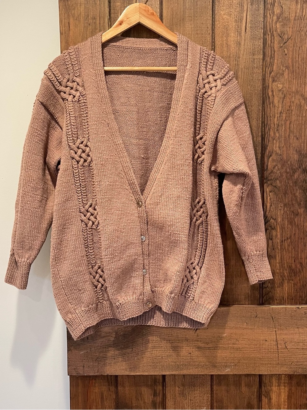 Vintage Handknit Fisherman Celtic Knot Cable Knit Cardigan Dark Tan Medium